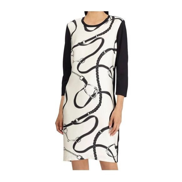 RALPH LAUREN Sz MEDIUM Equestrian Knee Length Shirt dress 3/4 Sleeve Ivory Black - Picture 4 of 14